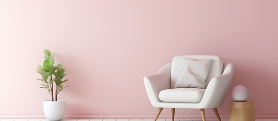Aufkleber - A white, comfortable armchair is featured in a living room with pastel pink walls, providing copy space. The interior has a minimalistic design.