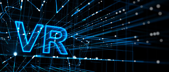 Creative wide VR globe and lines hologram on dark background. Virtual reality and metaverse landing page concept. 3D Rendering.