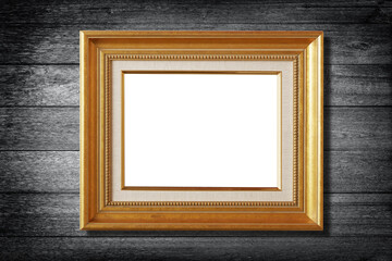 Poster - picture gold frame on  Black Wood wall texture background