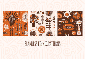 Wall Mural - Set of vector seamless patterns with tribal ornaments of orange, white and brown colors. Endless texture can be used for pattern fills, web page background, surface textures. African tribal motifs