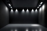 Fototapeta Perspektywa 3d - Black wall with a row of spotlights in an empty room 3d rendering