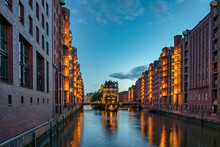 Hamburg Germany, Night City Skyline At Speicherstadt And Canal