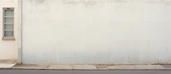 Poster - A pale, aged wall encloses a white building situated behind it. In front, sidewalk and an asphalt road. This background provides empty space for copying.