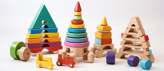 Aufkleber - The toys for babies and toddlers made of natural wood are displayed on a white background. These include a multi-colored pyramid, train, constructor, and xylophone in rainbow colors.