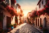 Fototapeta Uliczki - Wide angle shot of narrow streets at sunrise in Bodrum, Mugla, Turkey. Tourism and leisure concept 3d rendering