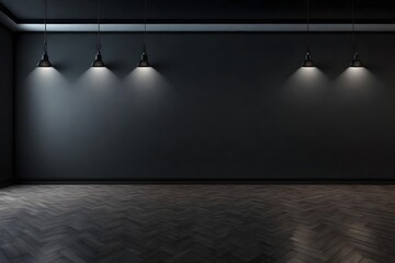 Wall Mural - Black wall with a row of spotlights in an empty room 3d rendering