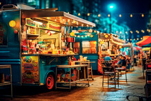 A Street Food Market With Various Food Trucks. Created With Generative AI Technology.