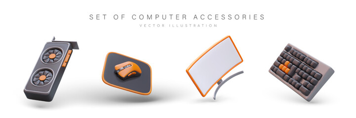 Set of computer accessories. Realistic video card, mouse with pad, curved monitor on stand, keyboard. Floating isolated vector objects. Icons in cartoon style