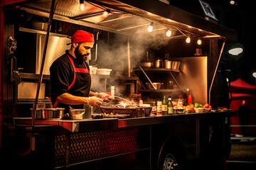 food truck chefs expertly preparing and cooking meals. Created with generative AI technology.