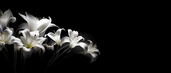 Close-up of white lily flowers on black background. 21 to 9 aspect ratio. Generative AI