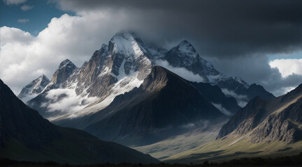 Poster - A mountain landscape with a cloudy sky and a mountain range in the background. Generative AI.