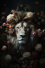 Wall Mural - Lion wild cat abstract portrait with flowers and leaves. Creative animal portrait. Generative Ai.