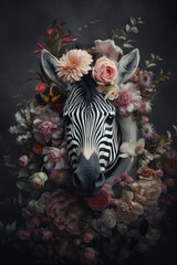 Wall Mural - Zebra abstract portrait with flowers and leaves. Creative animal portrait. Generative Ai.