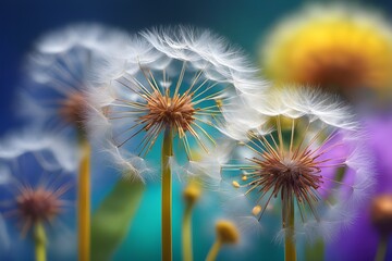 Close up photo of white dandelions on blue sky.