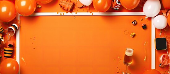 Poster - A flat lay of a frame filled with various party items and decorations on an orange background, with room for text.