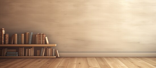 Poster - Empty space is available on a wooden floor with various books spread out, surrounded by a brown wood parquet background. It's a back to school concept with room for writing.