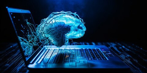 captivating glowing human brain depicted amidst cool blue, futuristic hues expressing the profound i