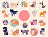 Fototapeta Pokój dzieciecy - Cute dogs set. Colourful cartoon collection with cute dogs. set of different dog breeds. Funny puppy characters, Generative AI