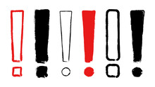 Set Of Black And Red Exclamation Mark Isolated On White Background. Precautions Symbol. Ink Brush Strokes.  Watercolor Icon Design. Vector Illustration, Eps 10.