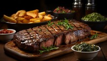 Steak And Chips On A Rustic Wooden