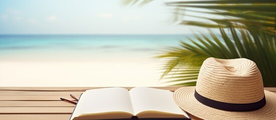 Poster - A writing book with summer beach accessories is featured on a background, offering copy space. is laid flat with copy space available.