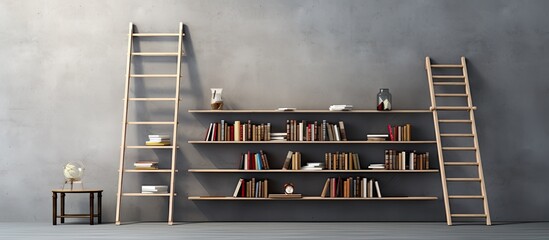 Poster - A contemporary book rack or bookshelves with a library ladder for accessing books, set against a grey wall, providing ample space for copying at the library.