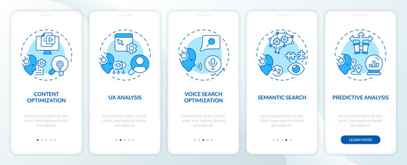2D icons representing AI for SEO mobile app screen set. Walkthrough 5 steps blue graphic instructions with thin line icons concept, UI, UX, GUI template.