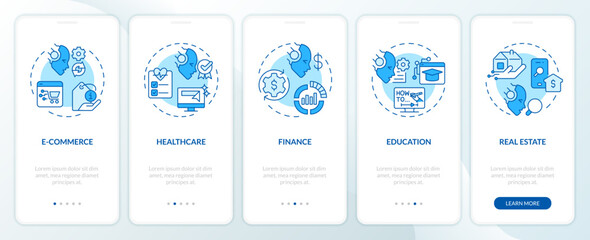 2D icons representing AI for SEO mobile app screen set. Walkthrough 5 steps blue graphic instructions with linear icons concept, UI, UX, GUI template.