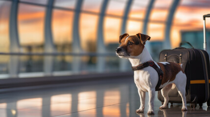 Poster - A Jack Russell dog standing at the airport near suitcases. Created with Generative AI technology.