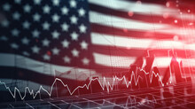 Abstract Virtual Financial Graph Hologram On USA Flag And Sunset Sky Background, Forex And Investment Concept. Multiexposure. Created With Generative AI Technology.