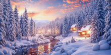  Beautiful snowy winter landscape panorama with forest and sun. Winter sunset in forest panoramic view. sun shines through snow covered trees. Generative AI.