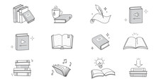 Book Line Doodle Icon Set. Hand Drawn Sketch Doodle Style Line Icon Book, Diary. Open Library, Reading, School Education Doodle Concept Icon. Blue Pen Line Style Stroke. Vector Illustration.