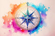 Watercolor Compass Illustration with Colorful Paint Splash. Aquarelle Style Design on Nautical or Adventure Theme for Poster, Banner, Invitation, Greeting Card or Cover. Ai Generated.
