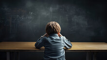 Struggling Schoolboy Holding His Head While Sitting In School Class Against The Backdrop Of The Blackboard. Created With Generative AI Technology.