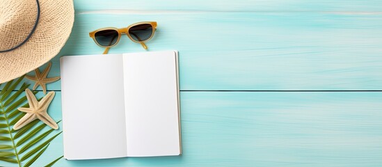Poster - Blank Writing Book With Summer Beach Accessories On Background, Copy Space. Flat Lay With Copy Space.