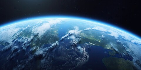 blue space background with earth and galaxy. abstract wallpaper with planetary glow. science and edu