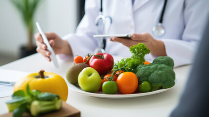 Wall Mural - Nutritionist giving consultation to patient with healthy fruit and vegetable.Nutrition and diet concept