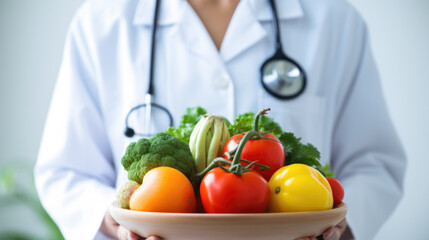 Wall Mural - Nutritionist giving consultation to patient with healthy fruit and vegetable.Nutrition and diet concept