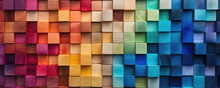 Colorful Wooden Blocks Aligned. Wide Format. Hand Edited Generative AI. 