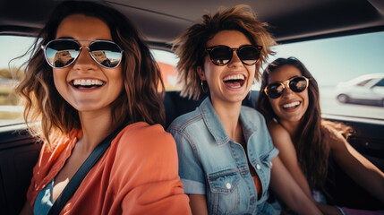 Poster - Three female friends enjoying traveling in the car. Sitting in rear seat and and making selfie. Created with Generative AI technology.