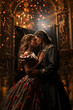 prince and princess share a tender embrace and heartfelt kiss in castle, fairy tale characters