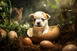 Enchanting image of a puppy emerging from an eggshell, nestled in moist humus soil and surrounded by verdant plants, subtly suggesting feline birth from eggs as dinosaurs. Generative AI