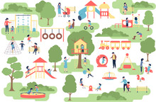 Children Play In Town Playground In Park. Kids Outdoor Activities, Walking With Mother And Father. Cartoon Flat Kindergarten, Recent Vector Scene