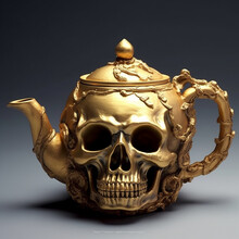Golden Skull, Golden Skull Tea Pot, Halloween, Spooky, Creepy, Dungeon Crawler, Table Top, Unique, Weird, Generative AI Technology, Generative, Ai Generated

