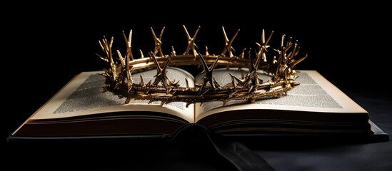Poster - shows the Crown of Thorns placed on a Holy Bible against a black background. It can be used as a Christian background or for the Easter concept.