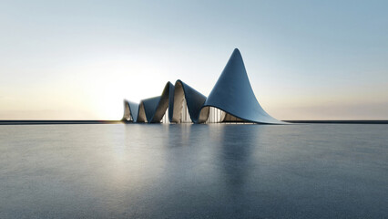 Poster - 3d render of abstract futuristic architecture with empty concrete floor. Scene for car presentation.