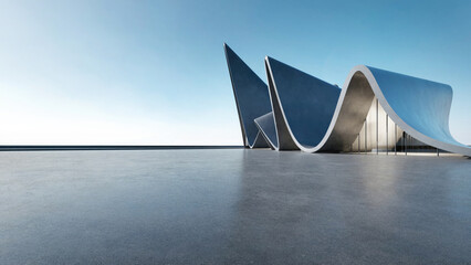 Poster - 3d render of abstract futuristic architecture with empty concrete floor. Scene for car presentation.