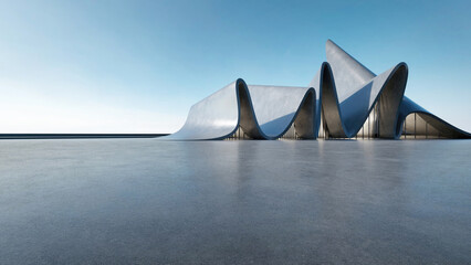 Poster - 3d render of abstract futuristic architecture with empty concrete floor. Scene for car presentation.