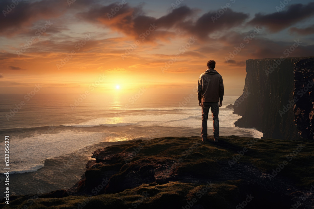 A tall lonely figure standing at the edge of a cliff gazing out into ...