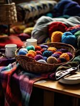 A Table Filled With Colorful Yarns Needles And Other Knitting Accessories Alongside A Knitted Blanket In Progress Being Crafted With